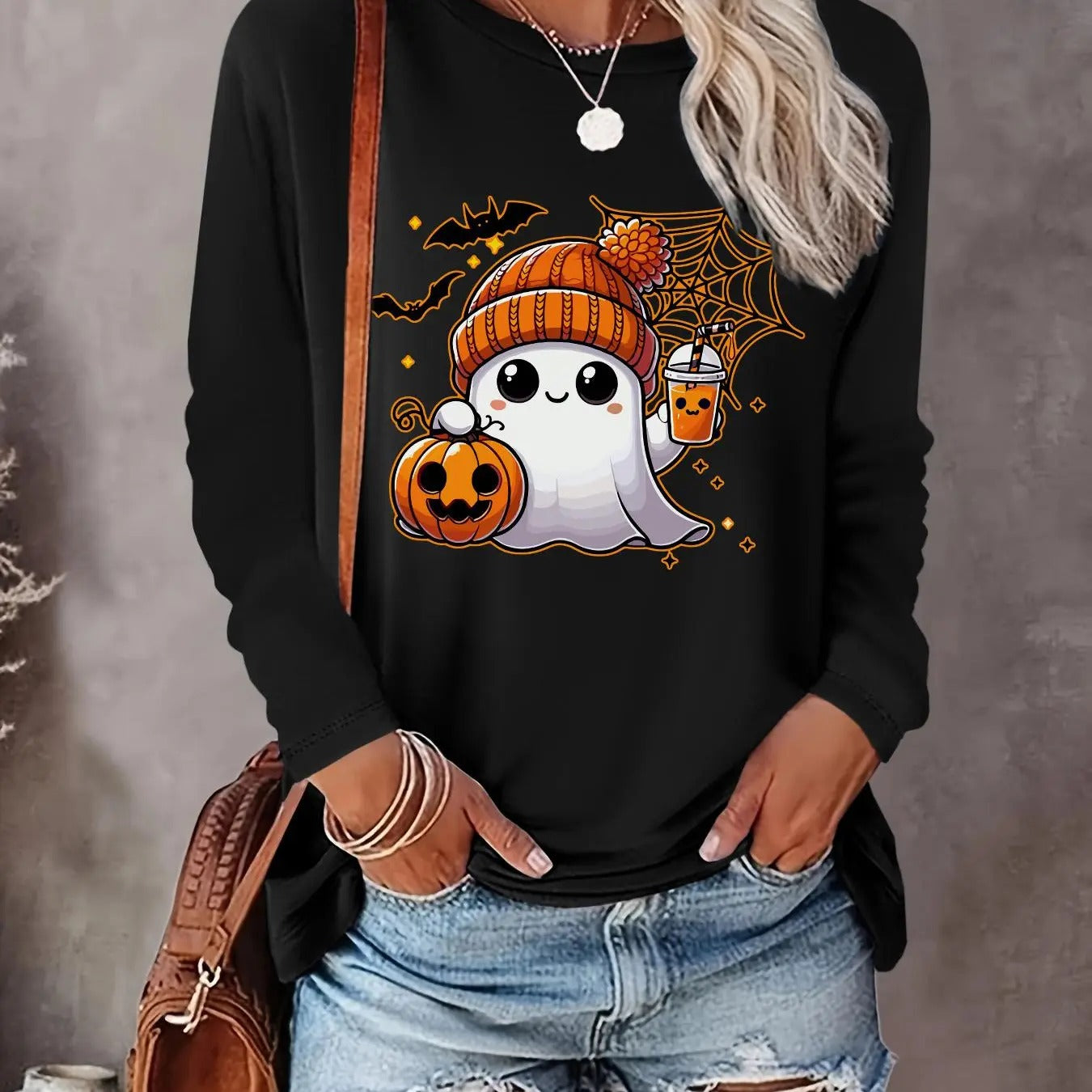 Halloween Ghost & Pumpkin Print Round Neck Casual Long Sleeve Crew Neck Fall & Winter Clothes Daily T-Shirts, Hoodie, Sweatshirt