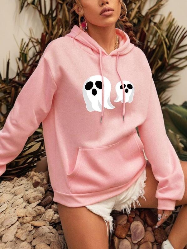 Women's Halloween Ghost Print Drawstring Pocket Hoodie, Casual Long Sleeve Pullover Hooded Sweatshirt for Fall & Winter,...