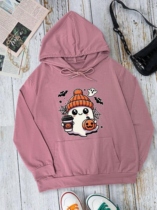 Halloween Ghost Print Drawstring Pocket Cute Casual Long Sleeve Hooded Daily Outdoor Fall & Winter T-Shirts, Hoodie, Sweatshirt