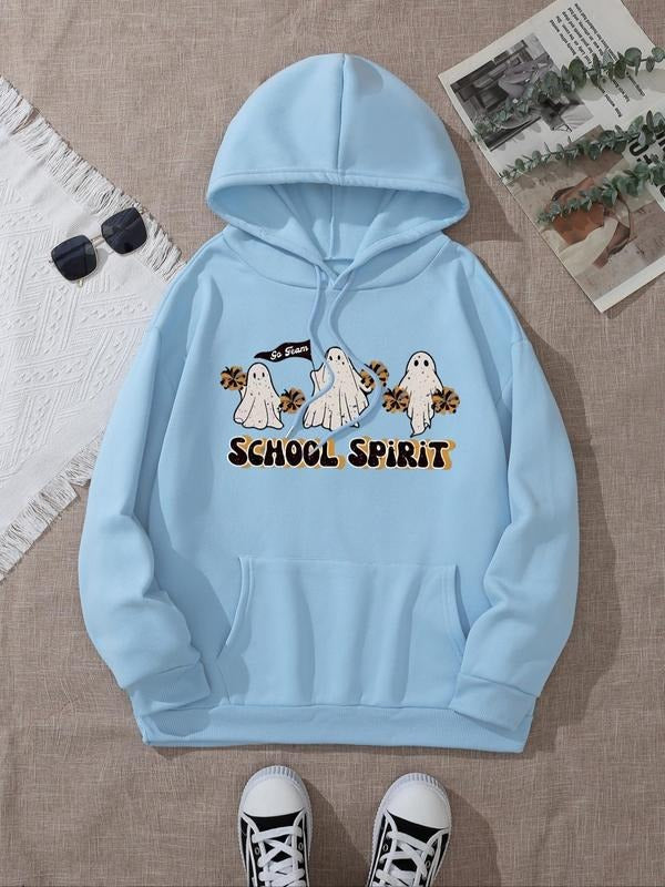 Women's Halloween Ghost Print Drop Shoulder Hoodie, Fashion Casual Drawstring Pocket Hooded Sweatshirt for Daily Holiday...