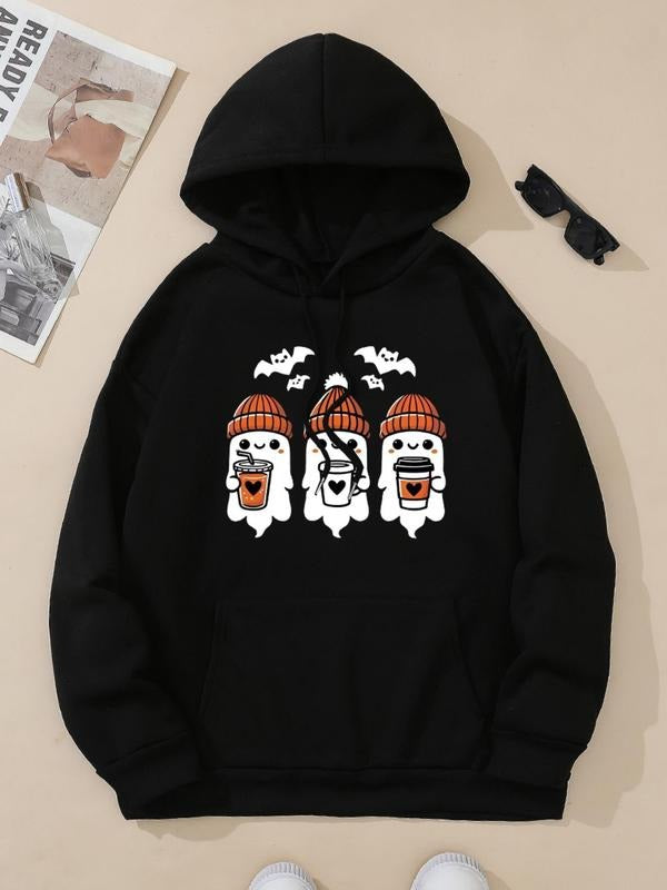 Women's Halloween Ghost Print Drop Shoulder Hoodie, Fashion Casual Drawstring Pocket Hooded Sweatshirt for Daily Holiday...