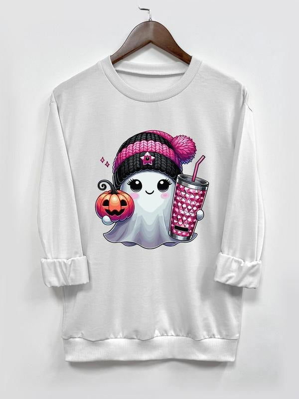 Halloween Ghost Print Round Neck Casual Long Sleeve Crew Neck Fall & Winter Clothes Daily T-Shirts, Hoodie, Sweatshirt