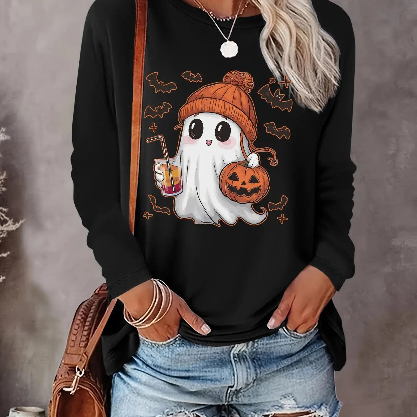 Halloween Ghost Print Round Neck Casual Long Sleeve Crew Neck Fall & Winter Clothes Daily T-Shirts, Hoodie, Sweatshirt
