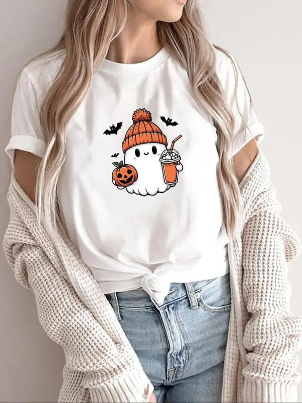 Women's Halloween Ghost Print Round Neck Tee, Casual Short Sleeve Crew Neck T-Shirt for Summer, Fashion Women's Top for...