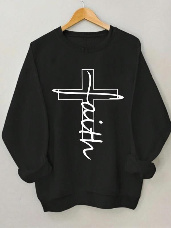 Women's Halloween Letter & Cross Print Round Neck Sweatshirt, Casual Long Sleeve Crew Neck Pullover for Spring & Fall,...