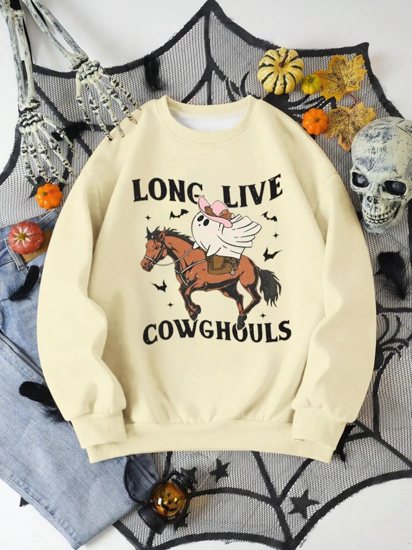 Women's Halloween Letter & Horse Print Drop Shoulder Sweatshirt, Casual Long Sleeve Round Neck Pullover for Fall &...
