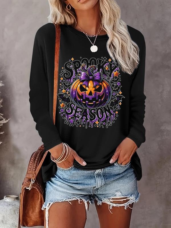 Halloween Letter & Pumpkin Print Round Neck Casual Long Sleeve Crew Neck Fall & Winter Clothes Daily T-Shirts, Hoodie, Sweatshirt