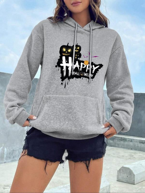 Women's Halloween Print Drop Shoulder Drawstring Hoodie, Fashion Casual Pocket Hooded Sweatshirt for Daily Holiday...
