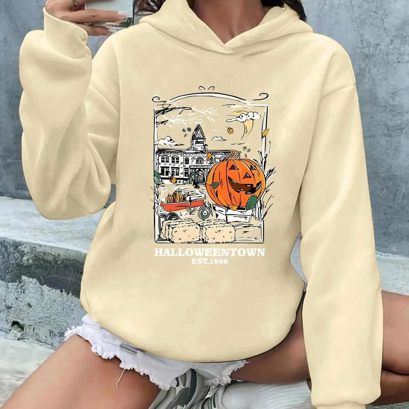 Women's Halloween Print Hoodie, Casual Long Sleeve Hooded Sweatshirt for Daily Holiday Outdoor Wear, Ladies Clothing for...