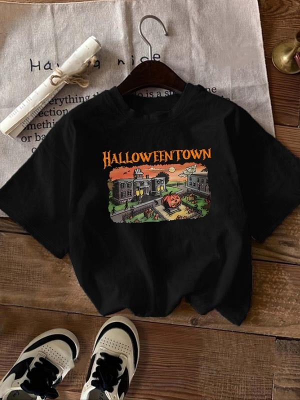 Women's Halloween Print Round Neck Tee, Casual Short Sleeve Crew Neck T-Shirt for All Seasons, Fashion Women's Top for...