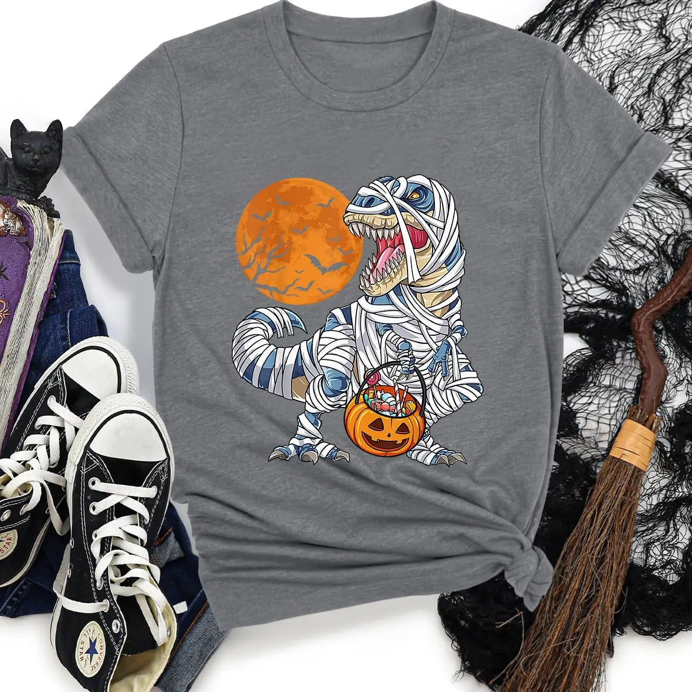 Halloween Pumpkin & Dinosaur Print Round Neck Casual Short Sleeve Daily Vacation Outdoor Clothes All Seasons T-Shirts, Hoodie, Sweatshirt