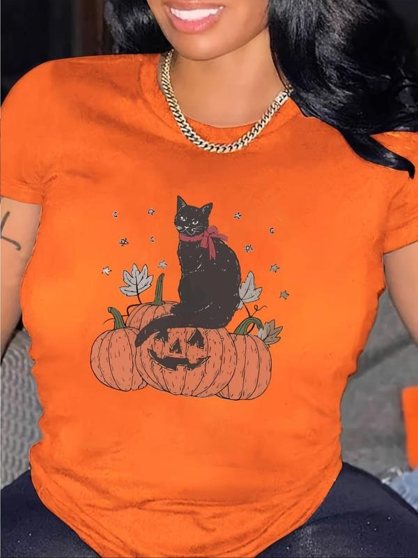 Women's Halloween Pumpkin & Cat Print Round Neck Tee, Casual Short Sleeve Crew Neck T-shirt for Summer, Fashion Women's...