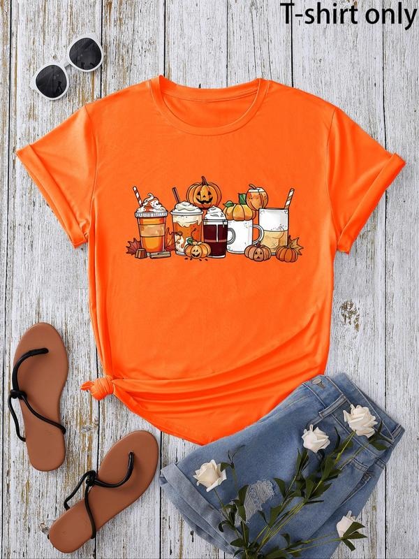Women's Halloween Pumpkin & Drink Print Round Neck Tee, Casual Short Sleeve Crew Neck T-shirt for Summer, Fashion Women's...