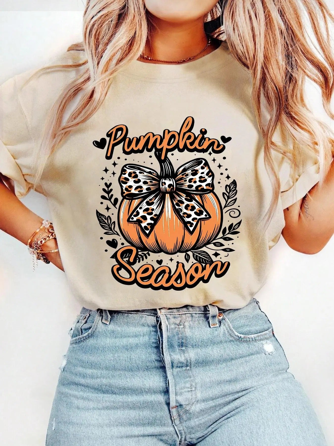 Women's Halloween Pumpkin & Letter Print  Drop Shoulder Tee, Fashion Casual Crew Neck T-shirt for Daily Holiday Vacation...