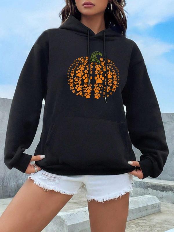 Women's Halloween Pumpkin Print Drop Shoulder Drawstring Hoodie, Casual Long Sleeve Kangaroo Pocket Hooded Sweatshirt for...