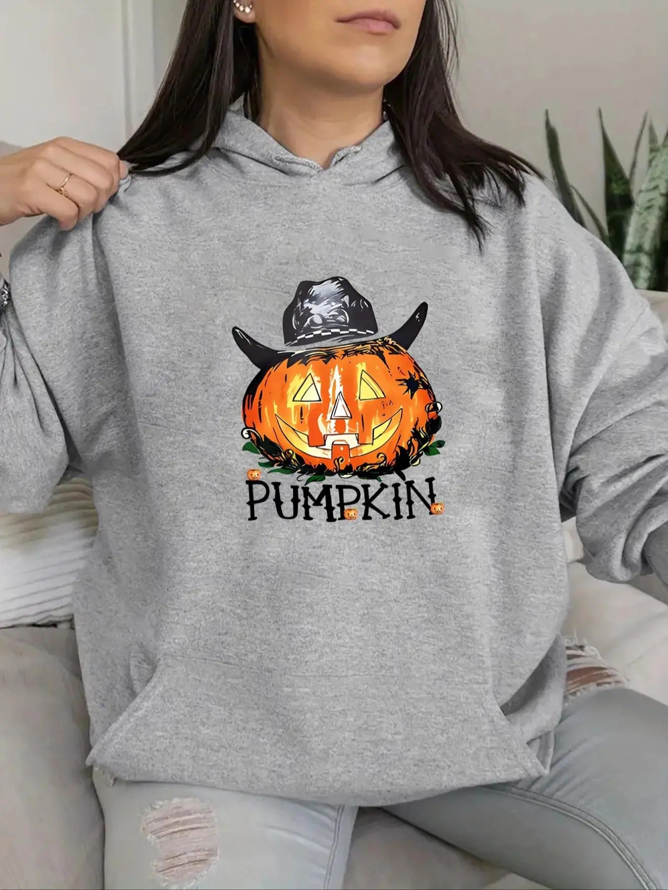 Women's Halloween Pumpkin Print Drop Shoulder Hoodie, Fashion Casual Drawstring Pocket Hooded Sweatshirt for Daily...