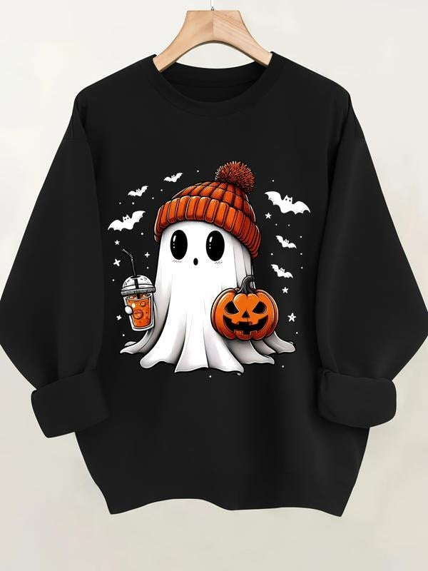 Women's Halloween Pumpkin Print Pullover Sweatshirt, Casual Fitted Long Sleeve Top for Fall & Winter, Comfortable Daily...