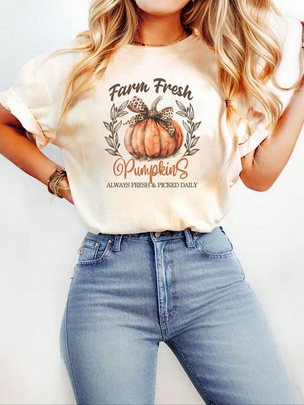 Women's Halloween Pumpkin Print T-Shirt, Breathable Short Sleeve Round Neck Top, Casual Summer & Spring Fashion,...