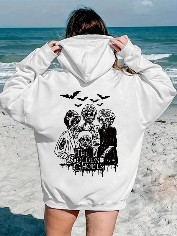 Women's Halloween Skeleton & Letter Print Drop Shoulder Hoodie, Fashion Casual Drawstring Pocket Hooded Sweatshirt for...