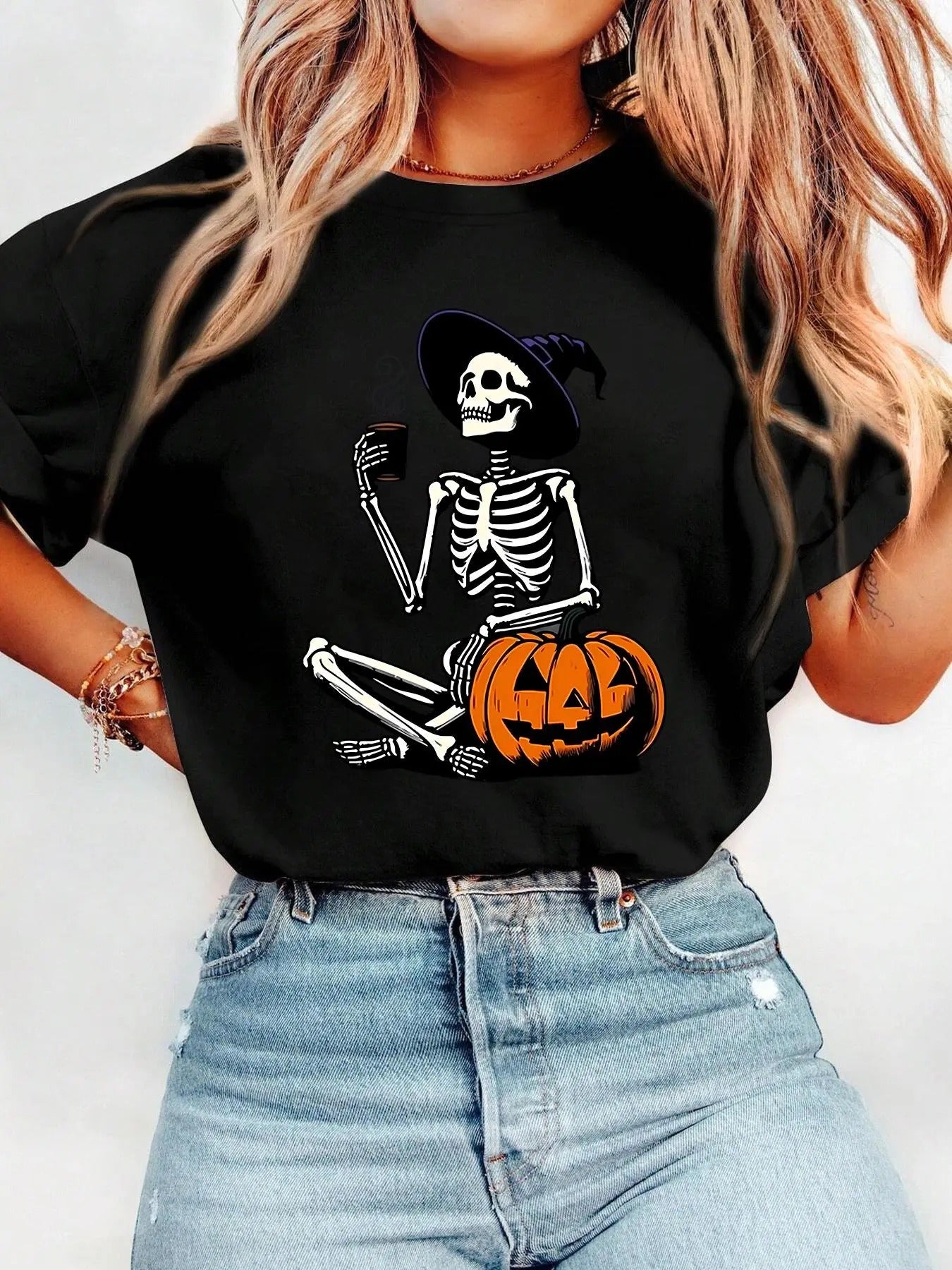Women's Halloween Skeleton & Pumpkin Print Round Neck Tee, Fashion Casual Drop Shoulder Short Sleeve T-shirt for Daily...