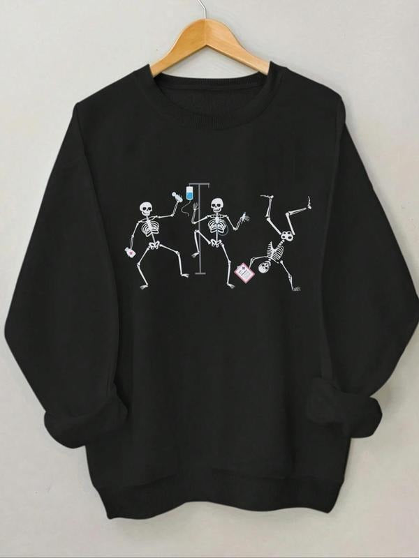 Women's Halloween Skeleton Print Round Neck Sweatshirt, Casual Long Sleeve Crew Neck Pullover for Spring & Fall, Fashion...