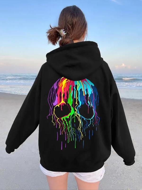 Women's Halloween Skull Print Drawstring Pocket Hoodie, Fashion Casual Hooded Sweatshirt for Daily Holiday Outdoor Wear,...