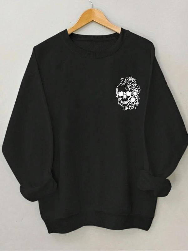 Women's Halloween Skull Print Round Neck Sweatshirt, Casual Long Sleeve Crew Neck Pullover for Daily Wear, Ladies Spring...