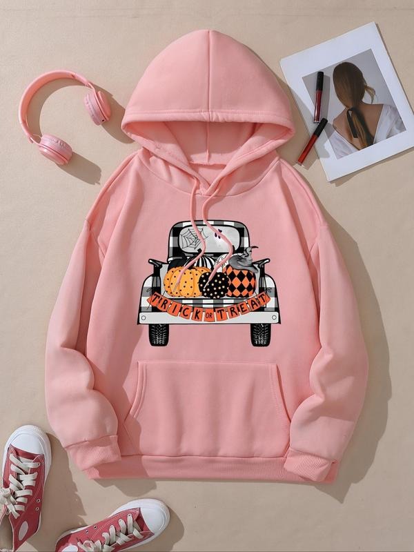 Women's Halloween Themed Car & Pumpkin Print Drop Shoulder Hoodie, Fashion Casual Letter Print Kangaroo Pocket Hooded...