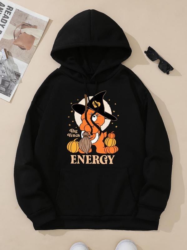 Women's Halloween Themed Cartoon Cat & Letter Print Drop Shoulder Hoodie, Fashion Casual Drawstring Pocket Hooded...
