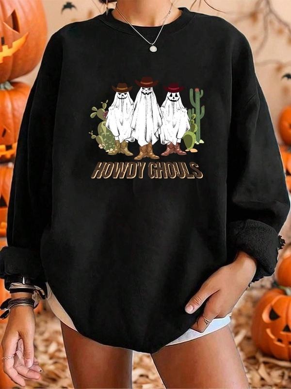 Women's Halloween Themed Cartoon Ghost & Letter Print Drop Shoulder Sweatshirt, Casual Long Sleeve Round Neck Pullover...