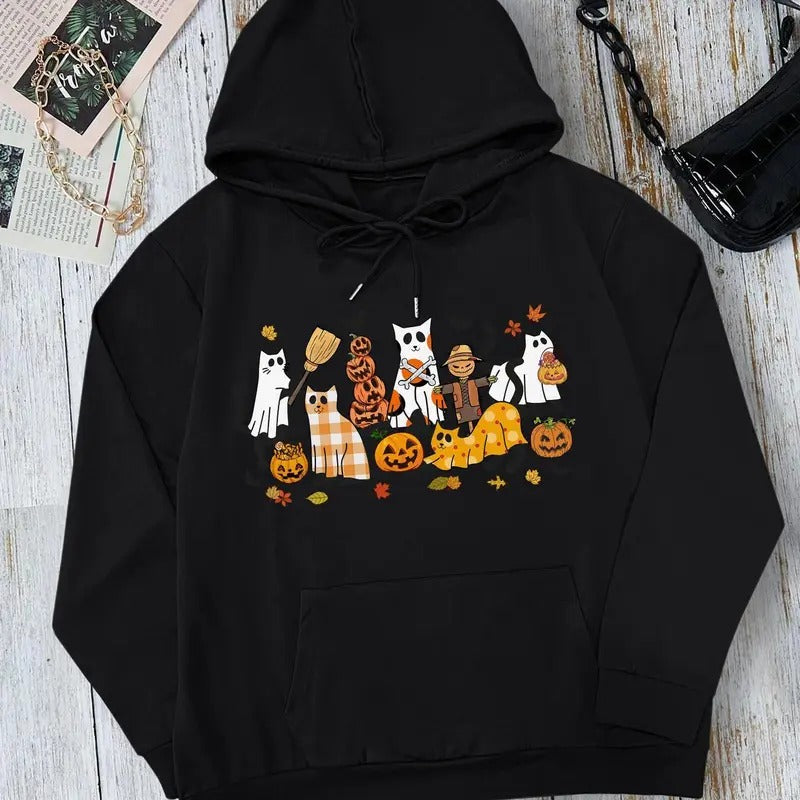 Women's Halloween Themed Cartoon Ghost Cat Print Drop Shoulder Hoodie, Fashion Casual Drawstring Pocket Hooded Sweatshirt...