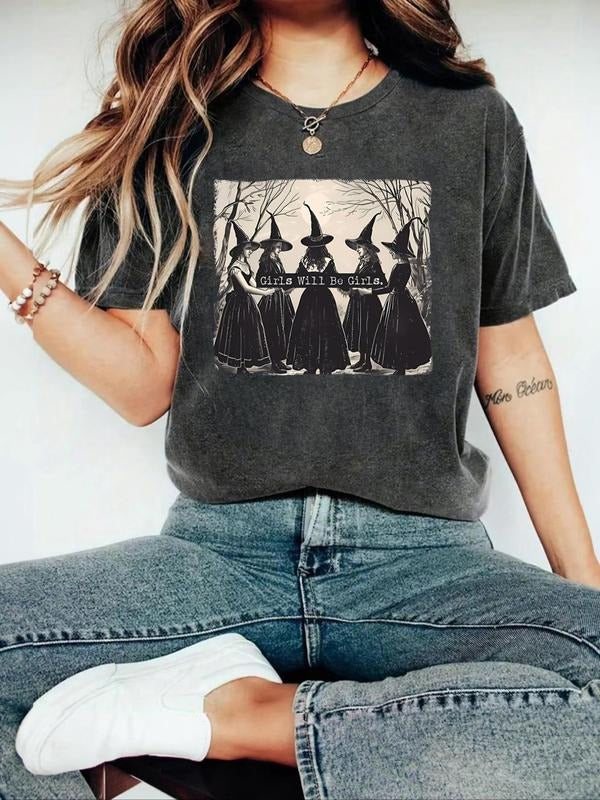 Women's Halloween Themed Cartoon Graphic Print Round Neck Tee, Fashion Casual Drop Shoulder Short Sleeve T-shirt, Women's...