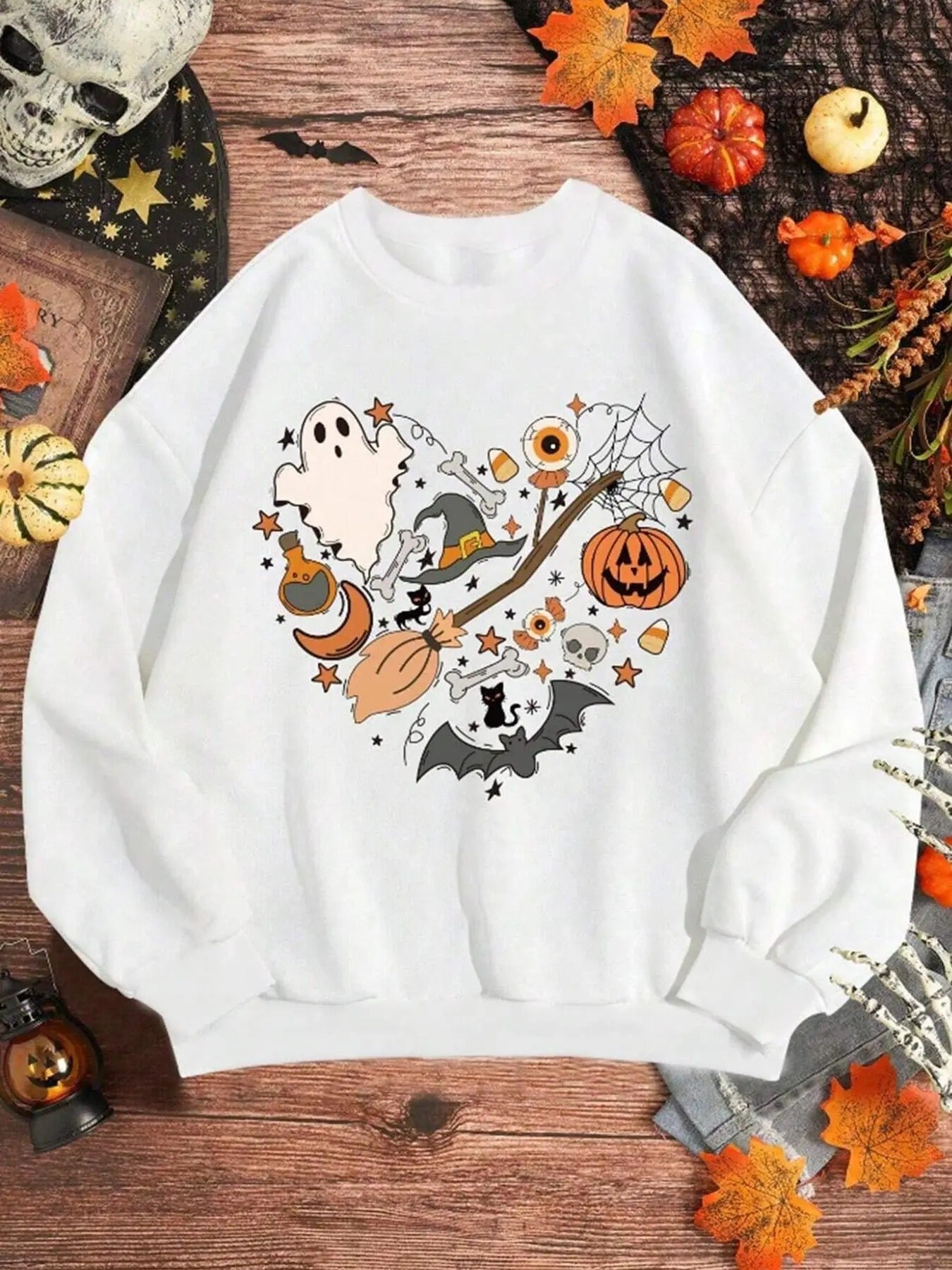 Women's Halloween Themed Cartoon Print Drop Shoulder Sweatshirt, Casual Long Sleeve Round Neck Pullover for Daily Wear,...