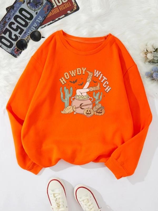 Women's Halloween Themed Cartoon Print Round Neck Sweatshirt, Casual Long Sleeve Crew Neck Pullover for Fall & Winter,...