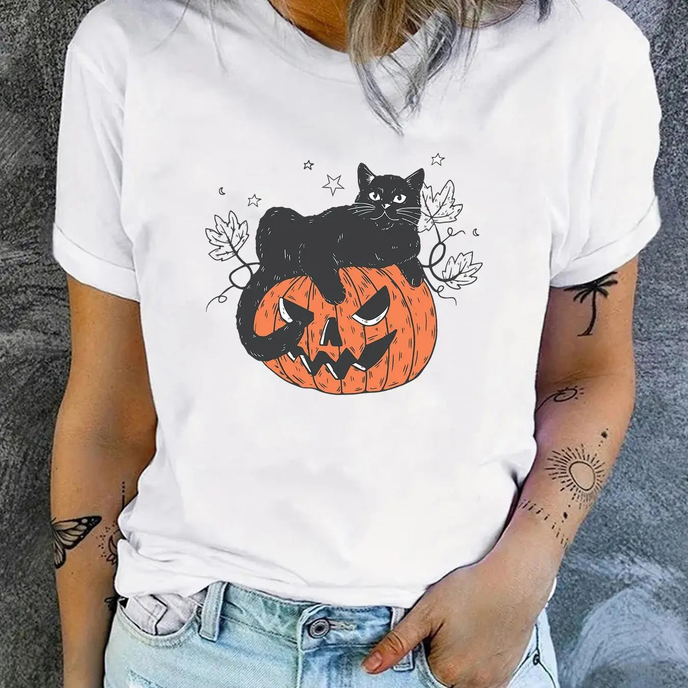 Women's Halloween Themed Cat & Pumpkin Print Round Neck Tee, Fashion Casual Short Sleeve T-shirt for Daily Holiday...