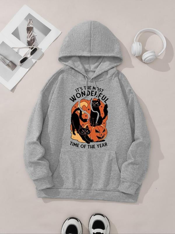 Women's Halloween Themed Cat Print Drop Shoulder Hoodie, Fashion Casual Letter Print Drawstring Pocket Hooded Sweatshirt...