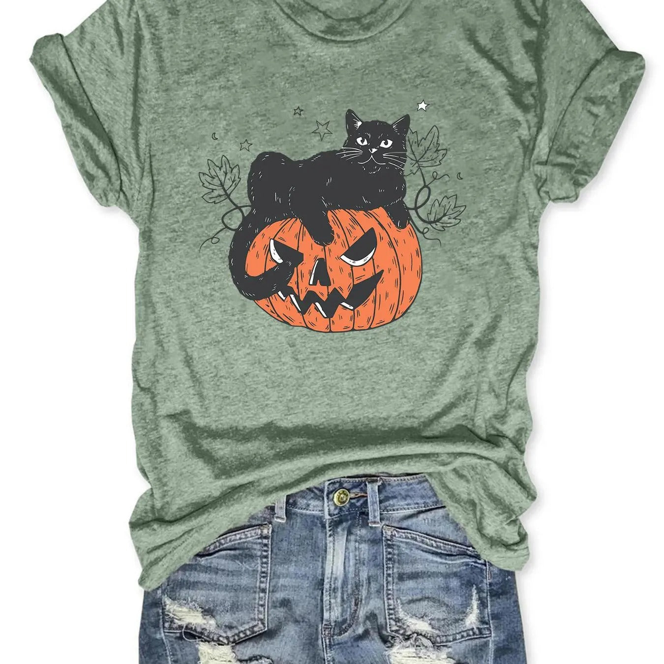 Women's Halloween Themed Cat Print Round Neck Tee, Fashion Casual Crew Neck Short Sleeve T-Shirt for Daily Holiday...