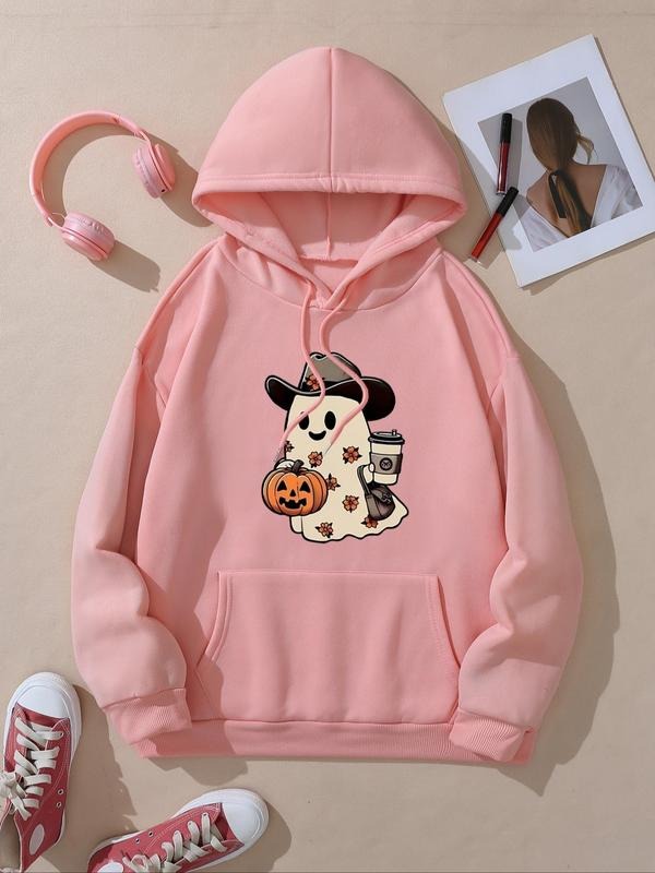 Women's Halloween Themed Drop Shoulder Hoodie, Fashion Casual Drawstring Pocket Hooded Sweatshirt for Daily Holiday...