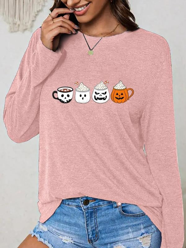Women's Halloween Themed Drop Shoulder Tee, Casual Long Sleeve Round Neck T-shirt for Daily Wear, Ladies Clothes for All...
