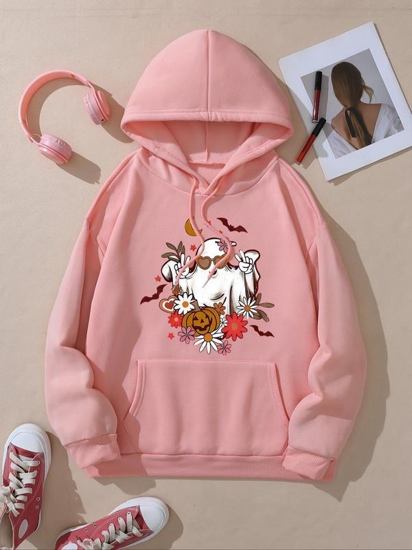 Women's Halloween Themed Floral & Ghost Print Drawstring Pocket Hoodie, Casual Drop Shoulder Long Sleeve Hooded...