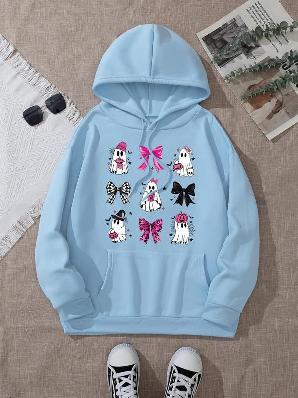 Women's Halloween Themed Ghost & Bow Print Drop Shoulder Hoodie, Fashion Casual Drawstring Pocket Hooded Sweatshirt for...