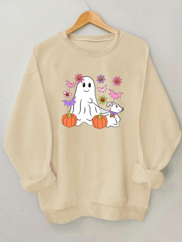 Women's Halloween Themed Ghost & Dog Sweatshirt, Casual Long Sleeve Round Neck Pullover for Daily Wear, Ladies Fall &...