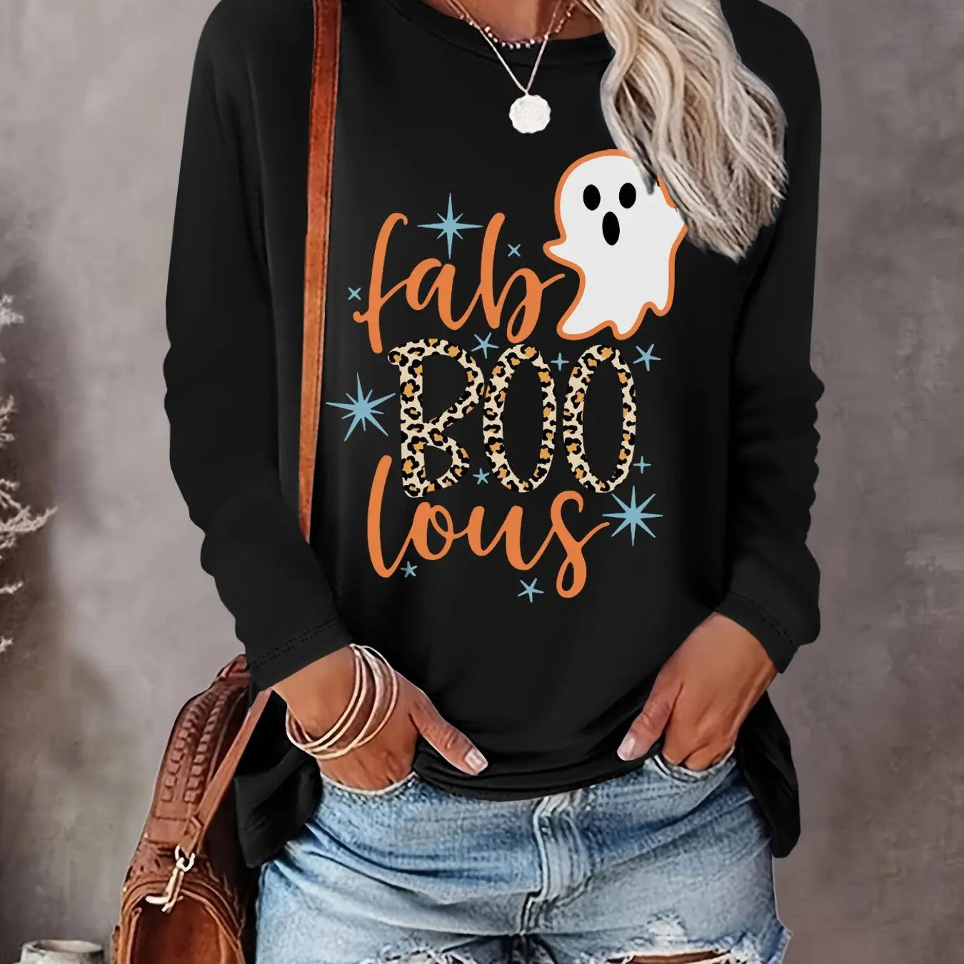 Halloween Themed Ghost & Letter Print Round Neck Casual Long Sleeve Crew Neck Daily Vacation Outdoor Clothes All Seasons T-Shirts, Hoodie, Sweatshirt