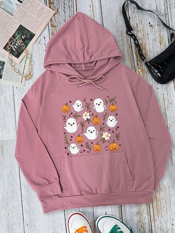 Halloween Themed Ghost & Pumpkin Print Drop Shoulder Casual Drawstring Pocket Hooded Daily Outdoor T-Shirts, Hoodie, Sweatshirt