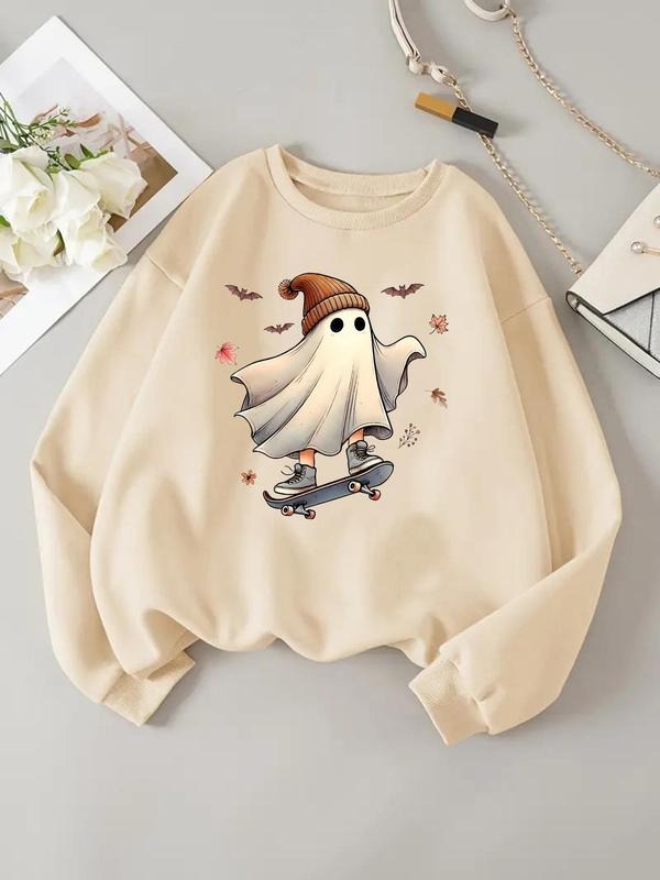 Women's Halloween Themed Ghost Graphic Print Crew Neck Sweatshirt, Casual Drop Shoulder Long Sleeve Pullover, Women's...