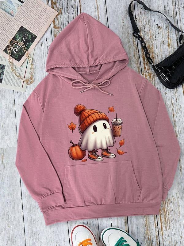 Halloween Themed Ghost Print Drop Shoulder Drawstring Casual Kangaroo Pocket Hooded Daily Outdoor Fall & Winter T-Shirts, Hoodie, Sweatshirt