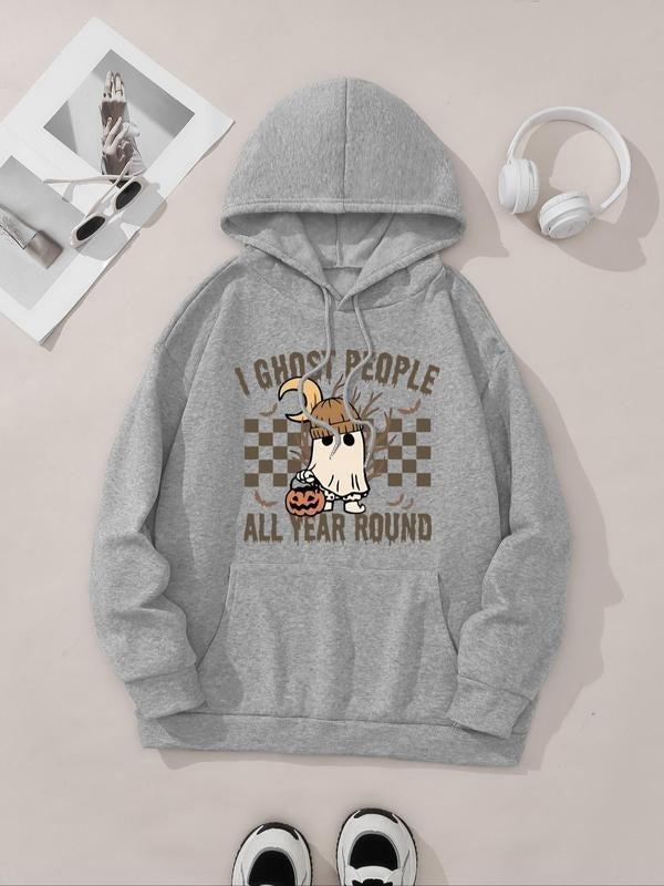 Women's Halloween Themed Ghost Print Drop Shoulder Hoodie, Fashion Casual Drawstring Pocket Hooded Sweatshirt for Daily...