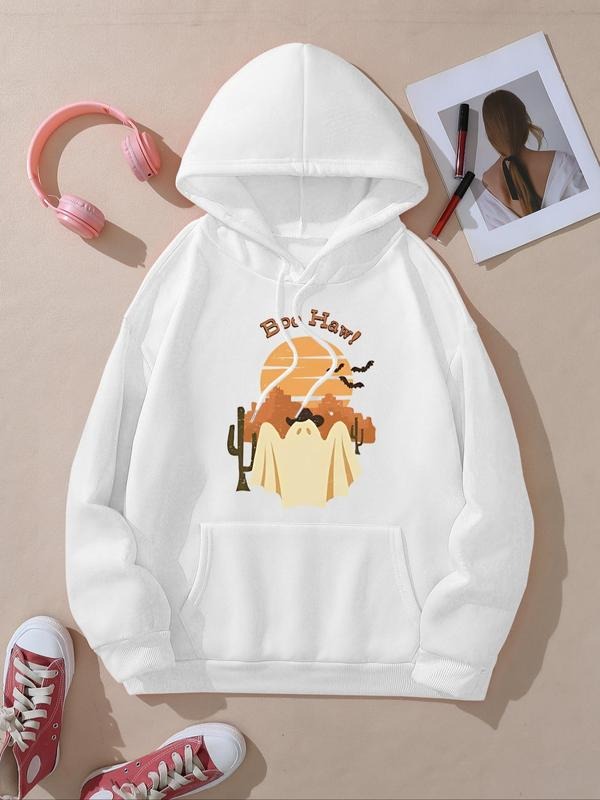 Women's Halloween Themed Ghost Print Drop Shoulder Hoodie, Fashion Casual Drawstring Pocket Hooded Sweatshirt for Daily...