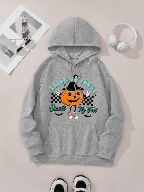 Women's Halloween Themed Letter & Pumpkin Print Drop Shoulder Hoodie, Fashion Casual Drawstring Pocket Hooded Sweatshirt...