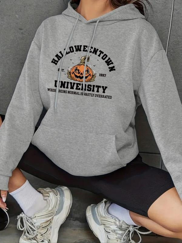 Women's Halloween Themed Letter Print Drop Shoulder Drawstring Hoodie, Fashion Casual Pocket Hooded Sweatshirt for Daily...